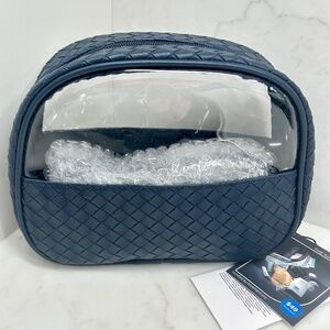 Bluemercury Navy Woven & Clear Full Side Zip Cosmetic Bag with Storage Band
